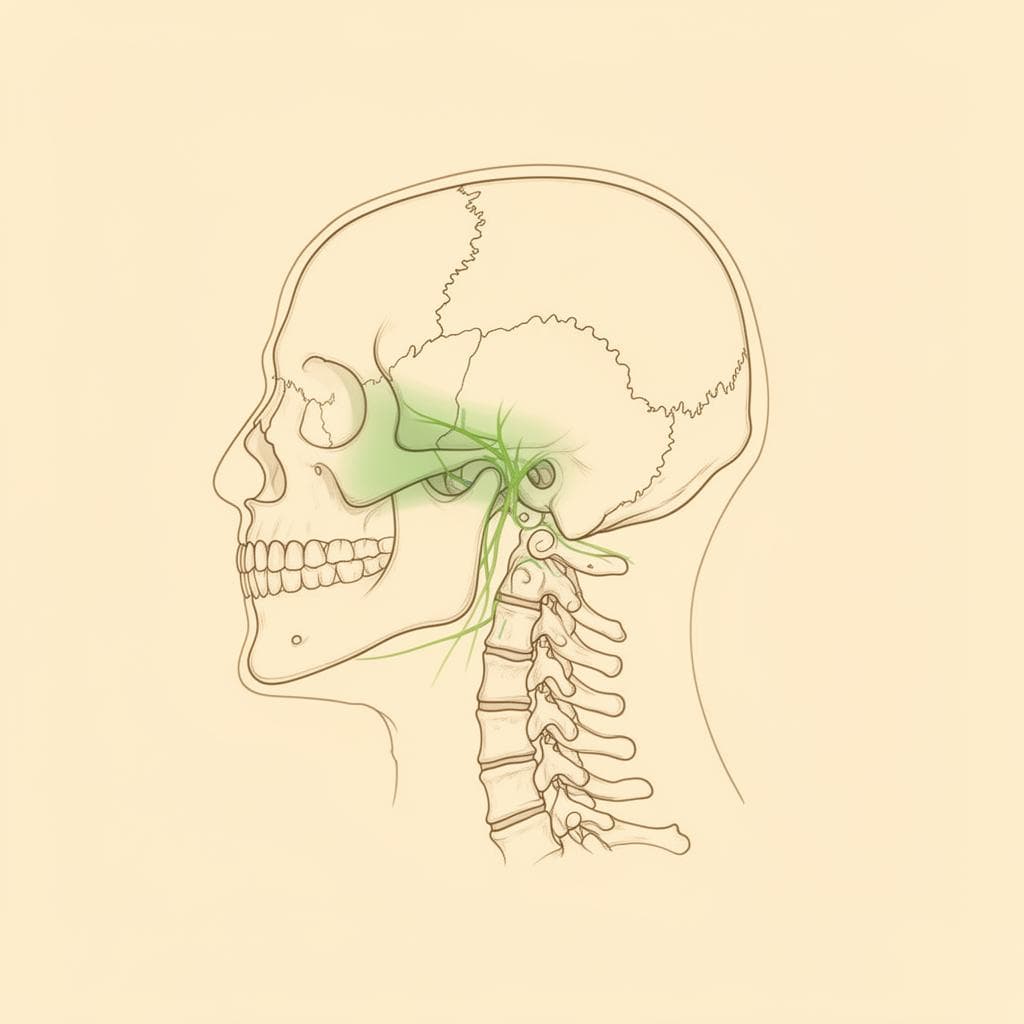 Illustration of the trigeminal nerve exiting the brainstem millimeters from the C1 vertebra