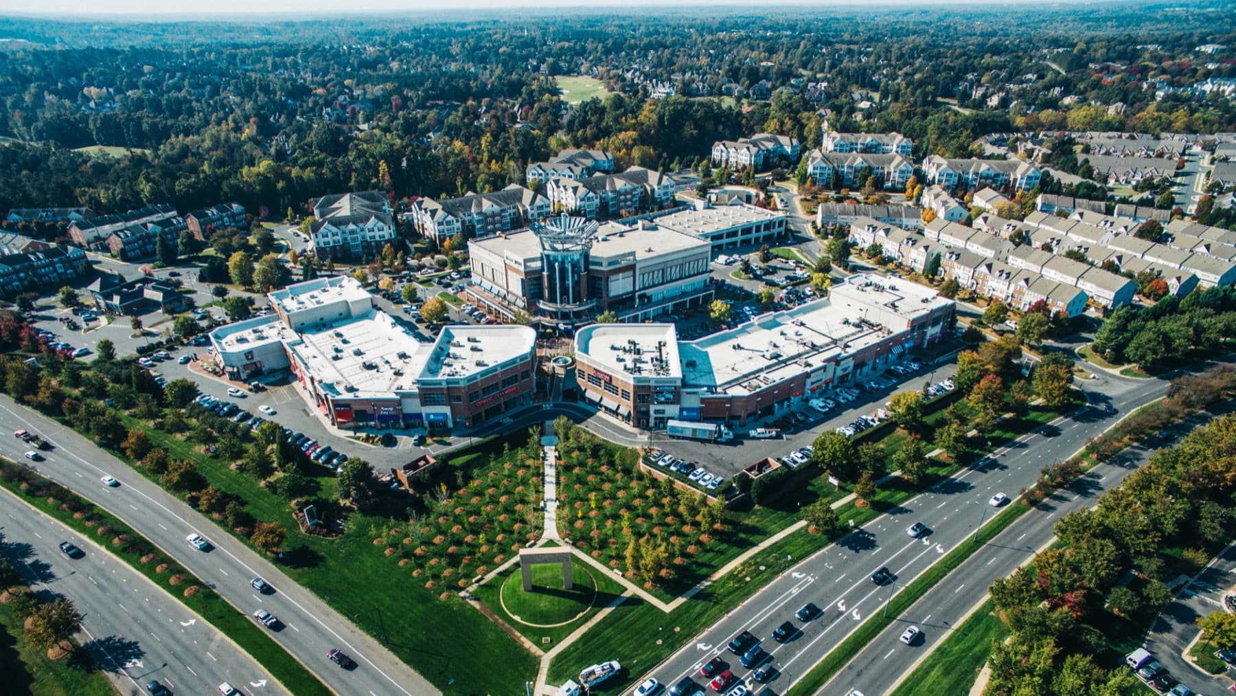 Aerial view of Ballantyne Village, the upscale shopping district in South Charlotte where Limitless Chiropractic is located