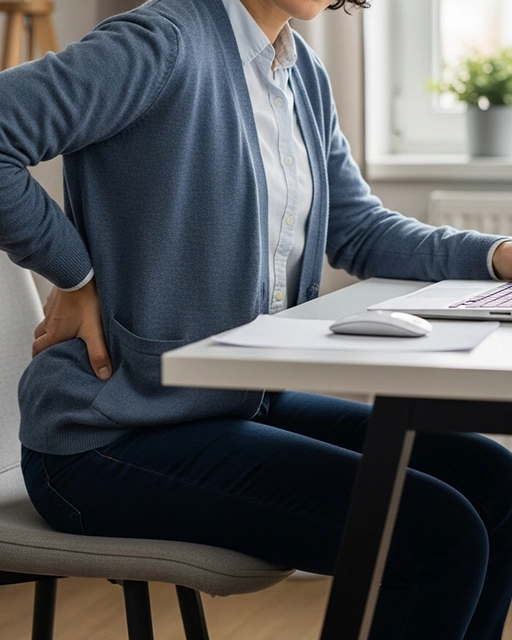 Person experiencing lower back pain while sitting at a desk.