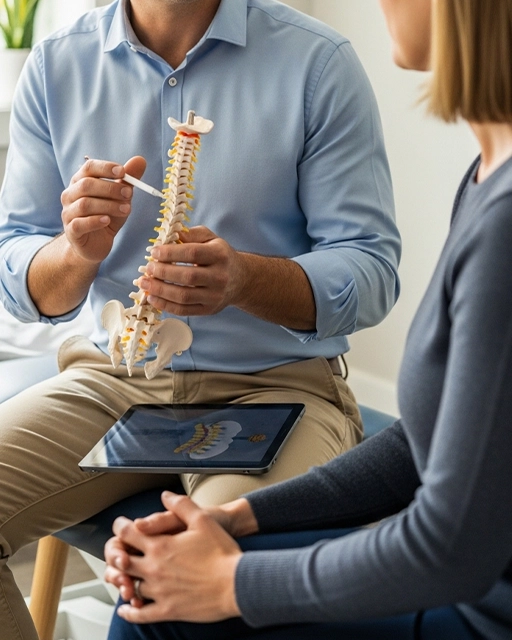 Chiropractor explaining what chiropractic care is during a patient consultation.