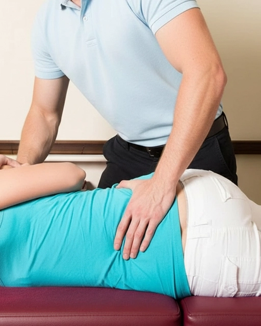 Chiropractor performing a side-lying spinal adjustment on a patient during a chiropractic session.